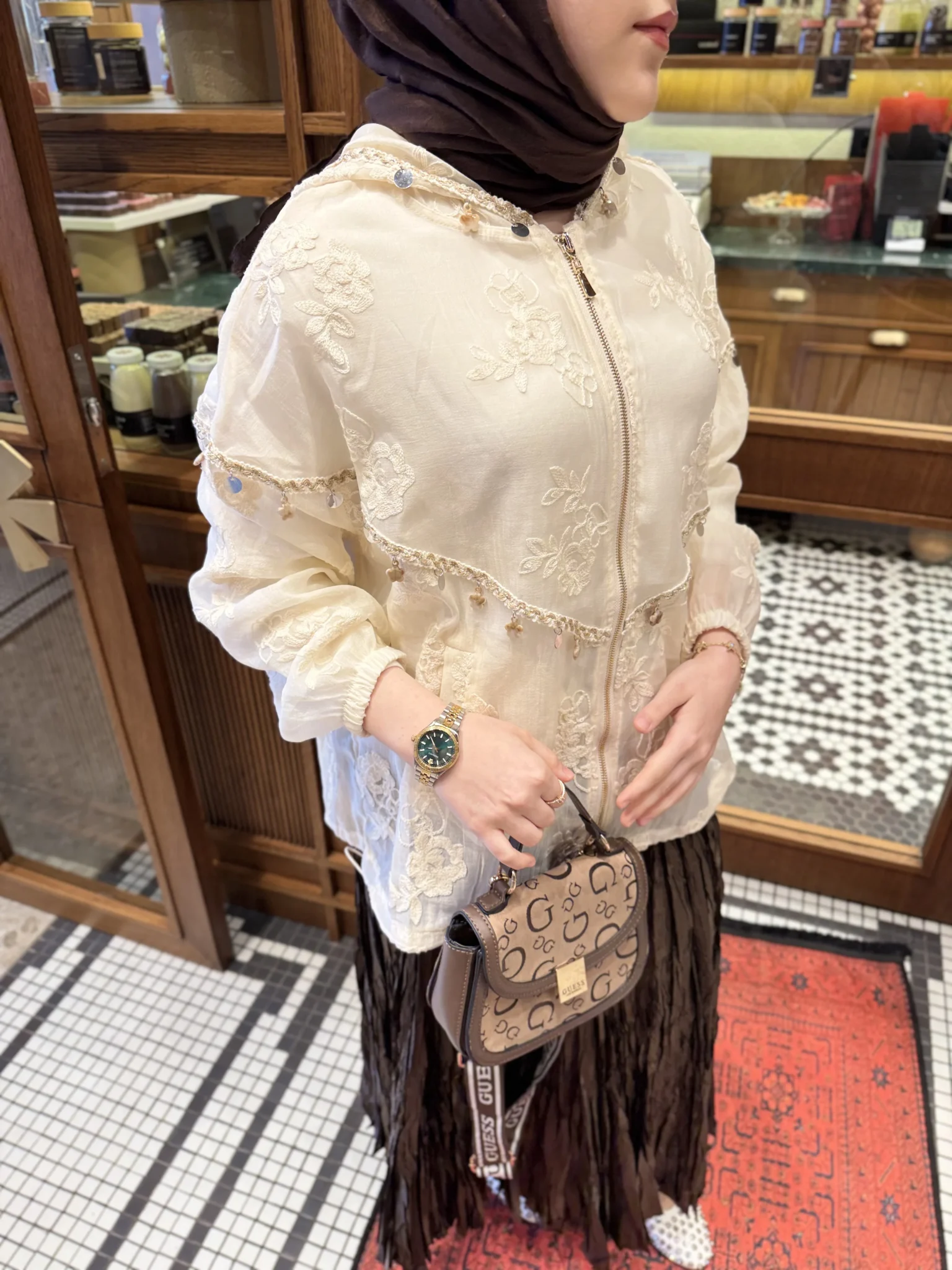 Vanilla Bomber Krem Çiçek İşlemeli Fermuarlı Ceket